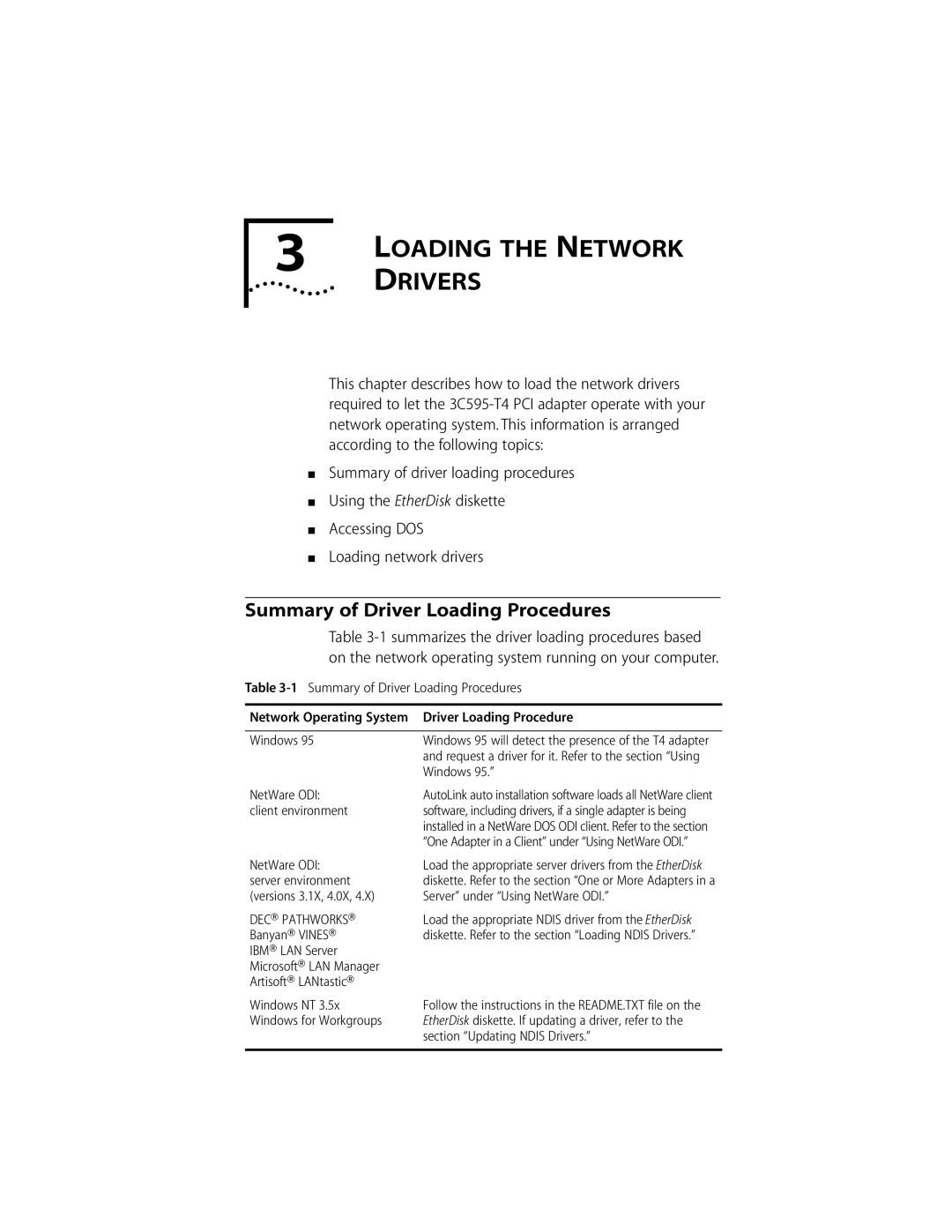 3Com 10/100BASE-T4 manual Loading the Network, Drivers, Summary of Driver Loading Procedures 