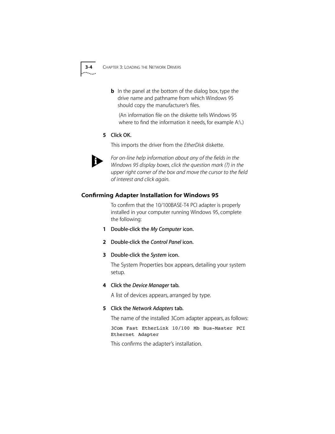 3Com 10/100BASE-T4 Conﬁrming Adapter Installation for Windows, System Properties box appears, detailing your system setup 