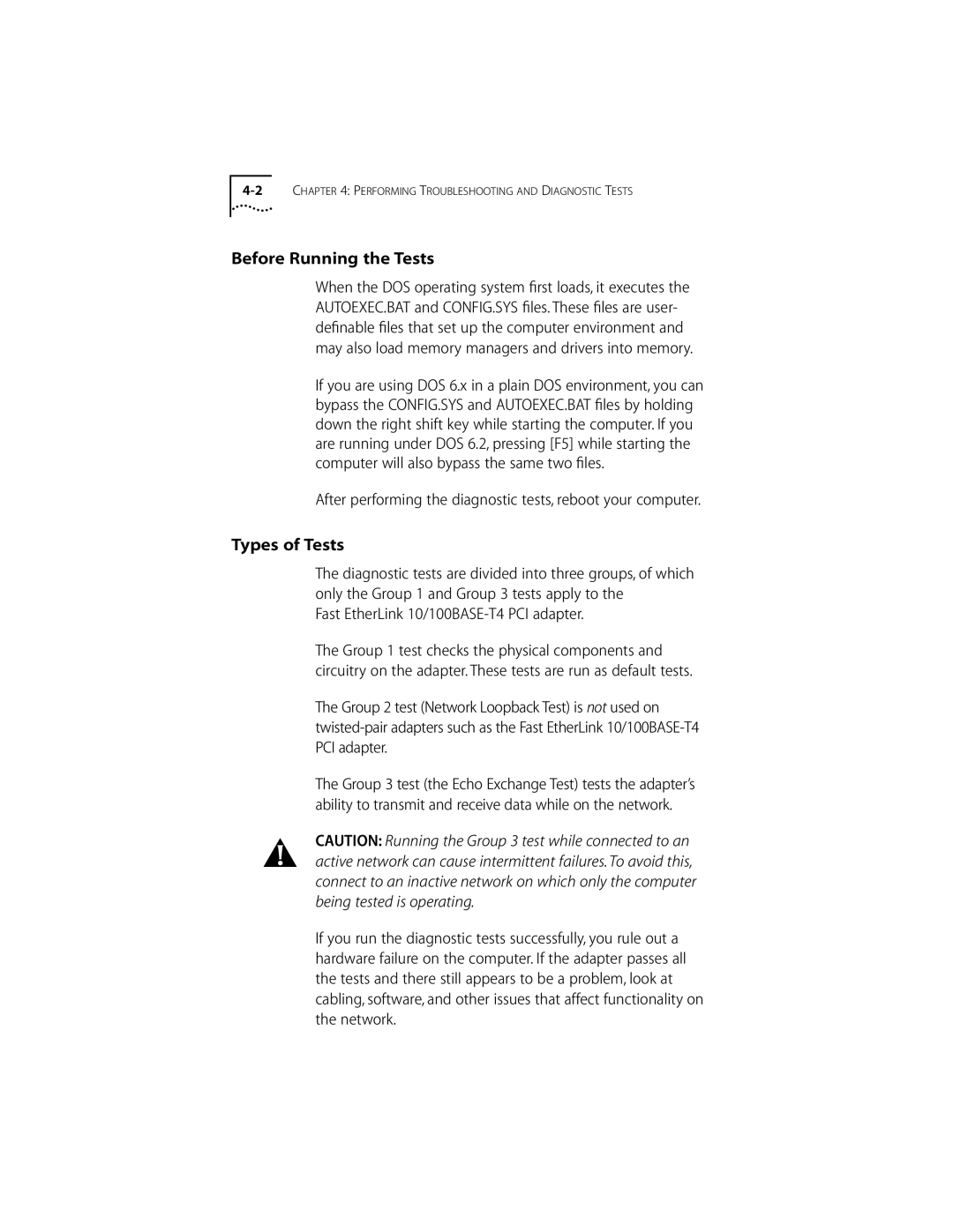 3Com 10/100BASE-T4 Before Running the Tests, Types of Tests, After performing the diagnostic tests, reboot your computer 