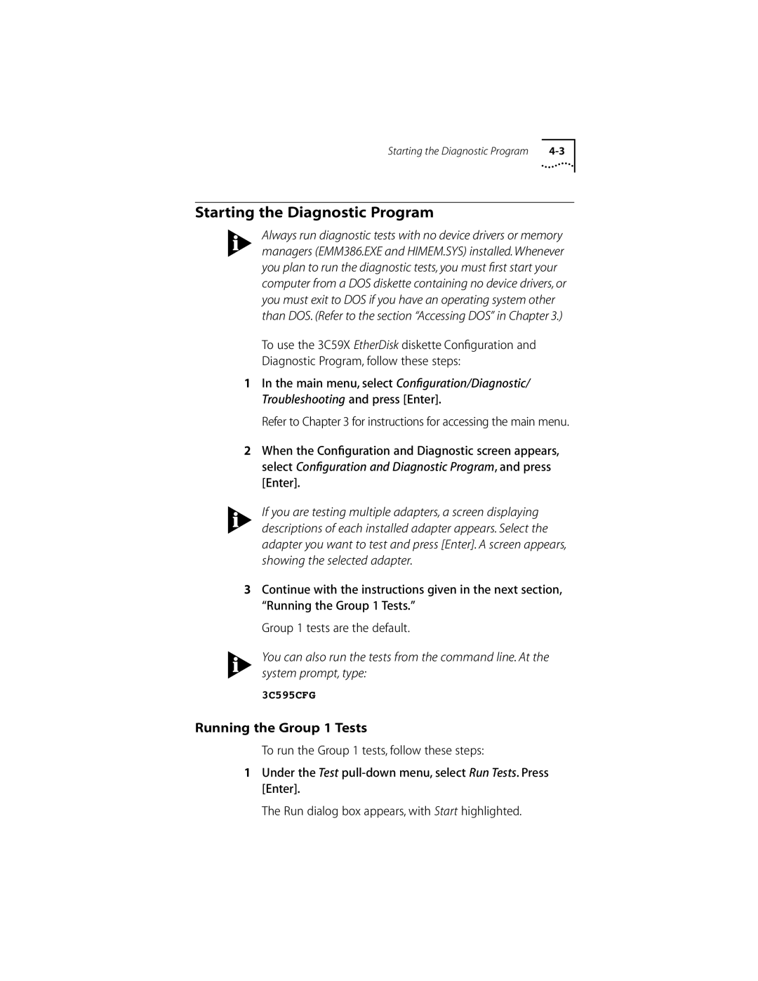 3Com 10/100BASE-T4 manual Starting the Diagnostic Program, Running the Group 1 Tests 