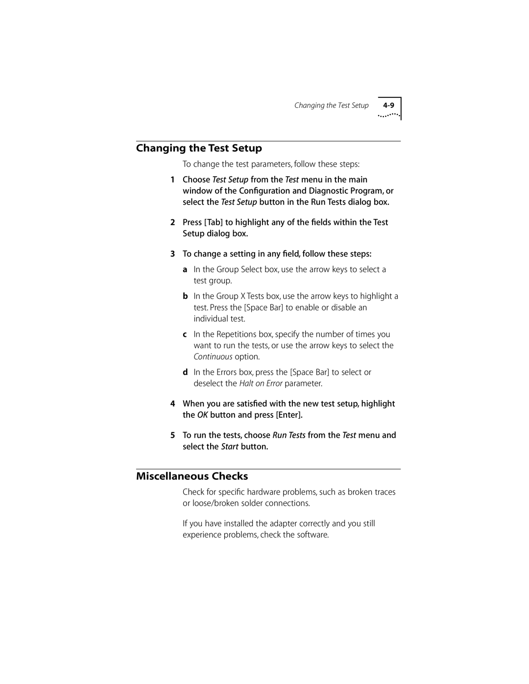 3Com 10/100BASE-T4 manual Changing the Test Setup, Miscellaneous Checks, To change the test parameters, follow these steps 