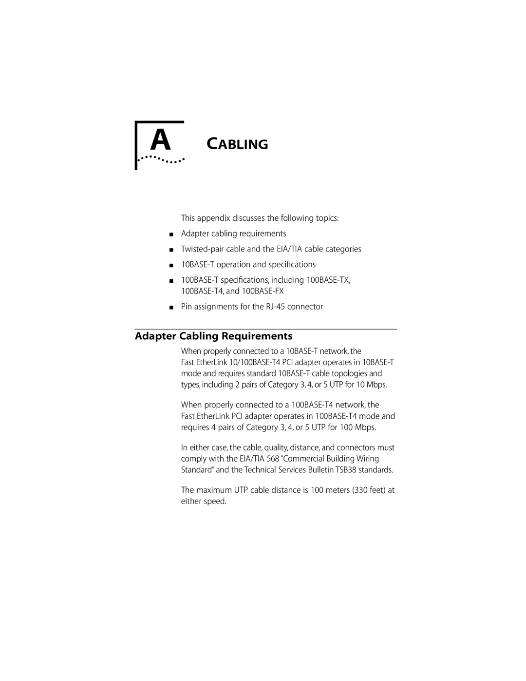 3Com 10/100BASE-T4 manual Adapter Cabling Requirements, Pin assignments for the RJ-45 connector 