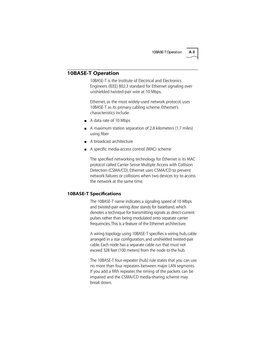 3Com 10/100BASE-T4 manual 10BASE-T Operation, 10BASE-T Speciﬁcations 