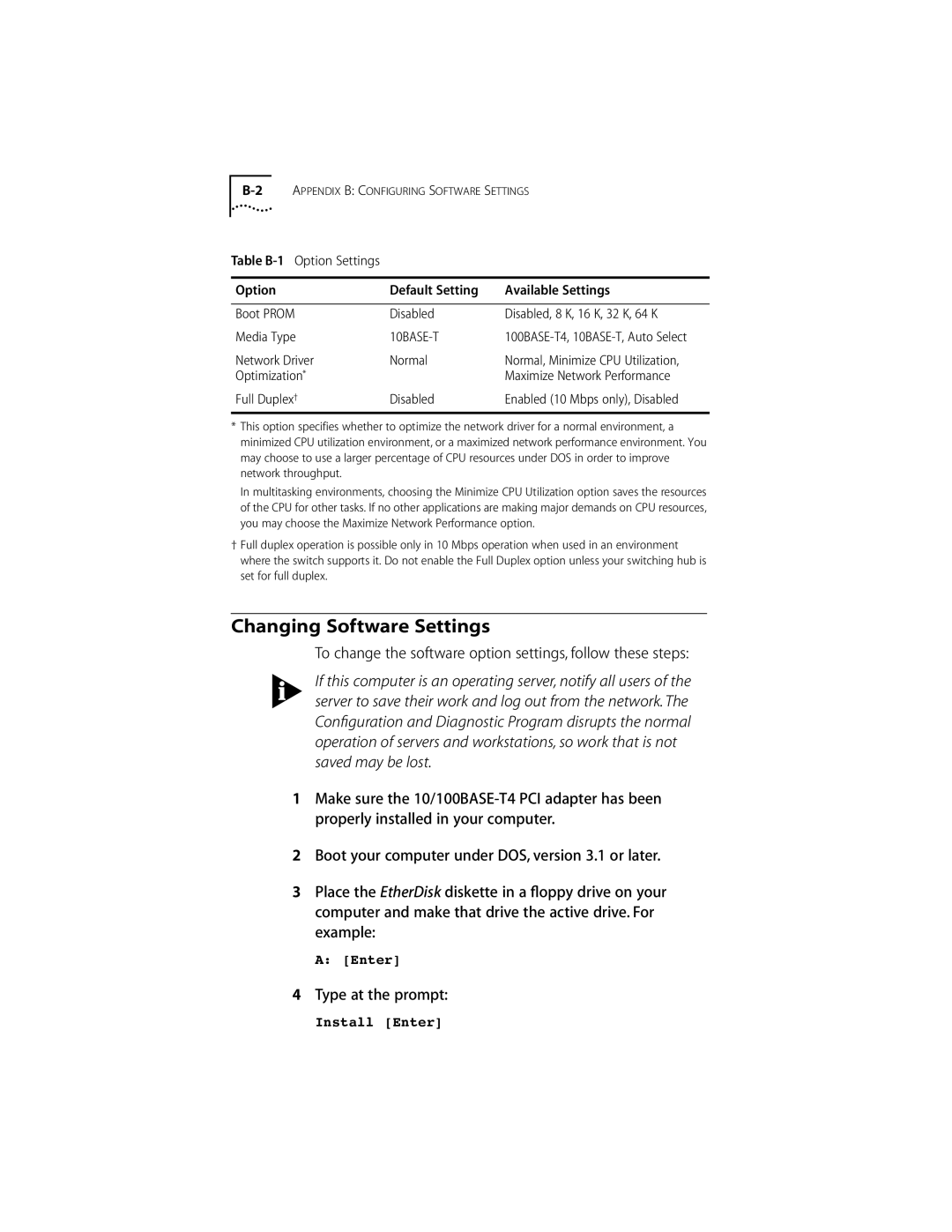 3Com 10/100BASE-T4 manual Changing Software Settings, To change the software option settings, follow these steps 