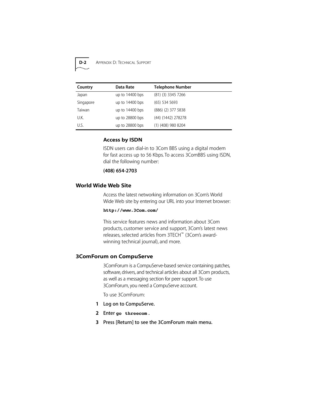 3Com 10/100BASE-T4 manual World Wide Web Site, 3ComForum on CompuServe, To use 3ComForum Log on to CompuServe 