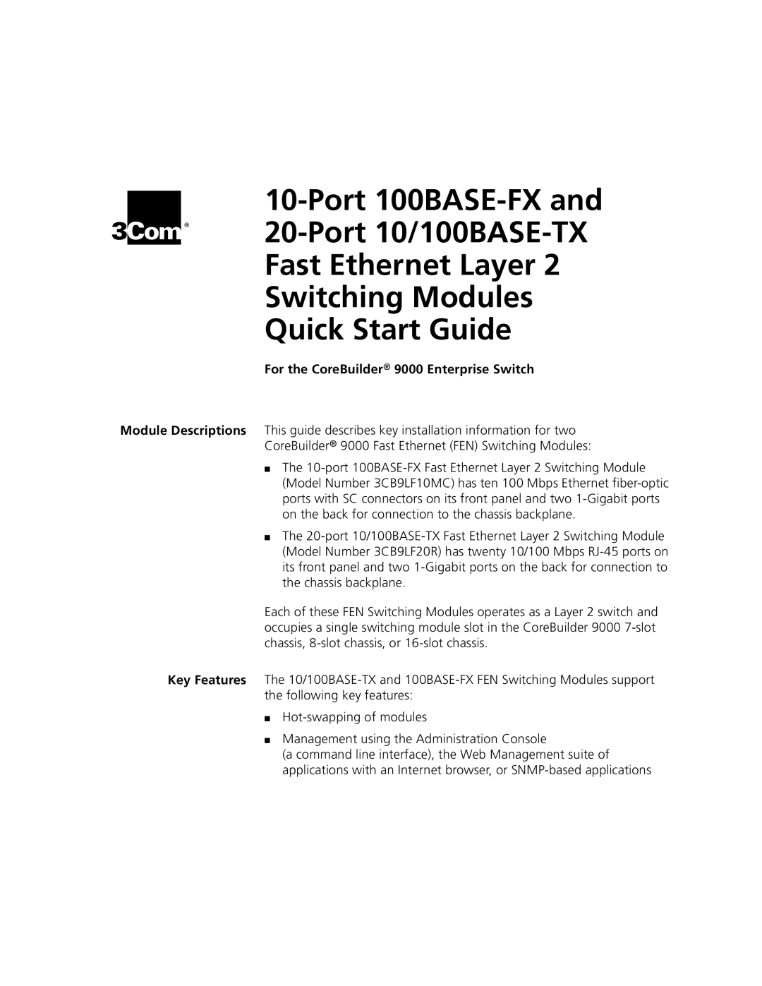 3Com 10/100BASE-TX quick start Port 100BASE-FX, For the CoreBuilder 9000 Enterprise Switch 