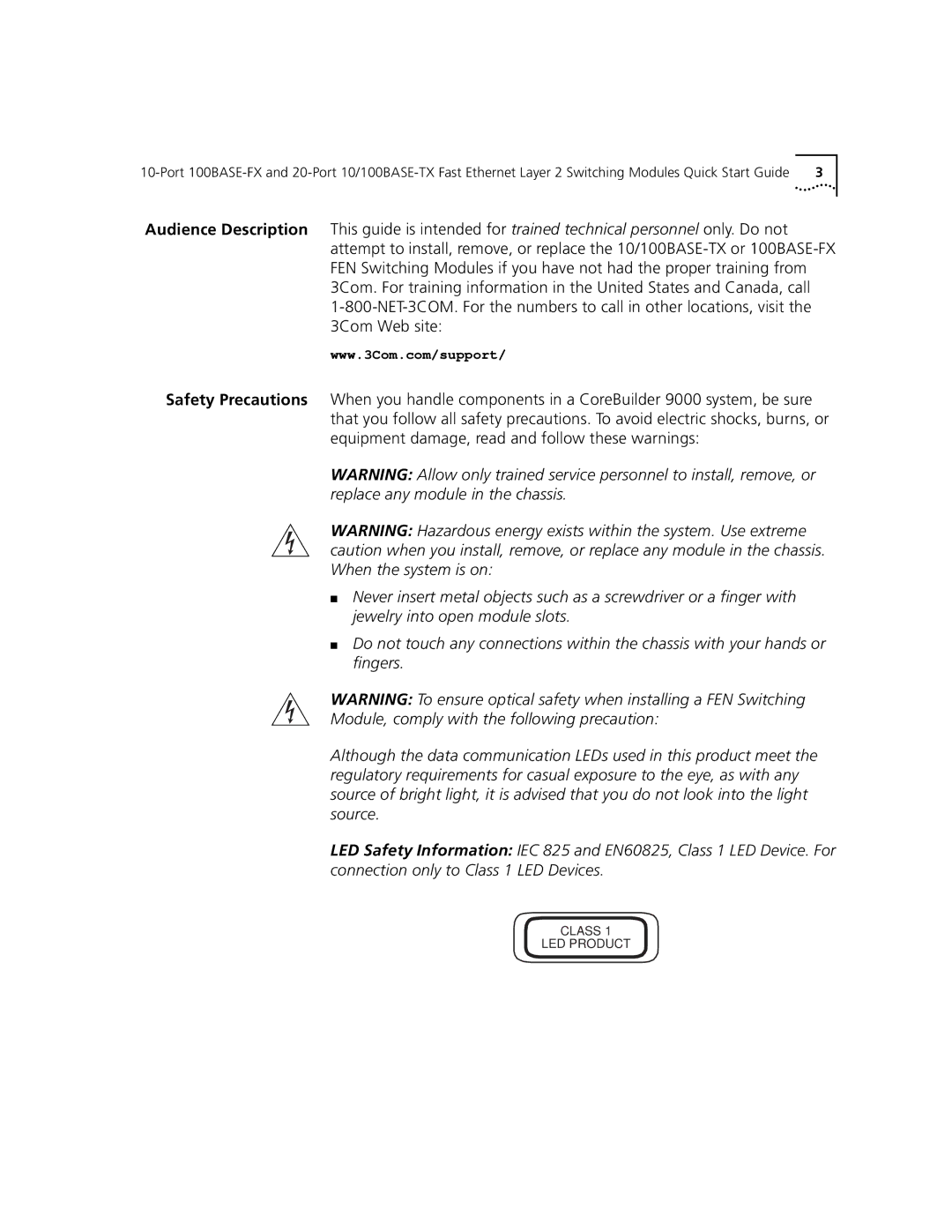 3Com 100BASE-FX, 10/100BASE-TX quick start Class LED Product 
