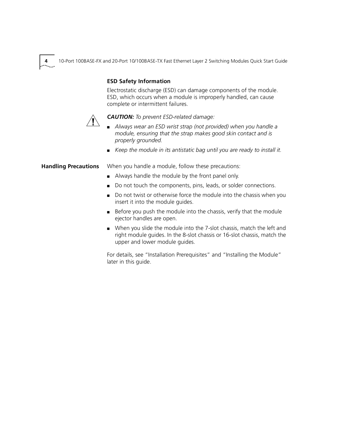 3Com 10/100BASE-TX, 100BASE-FX quick start ESD Safety Information 