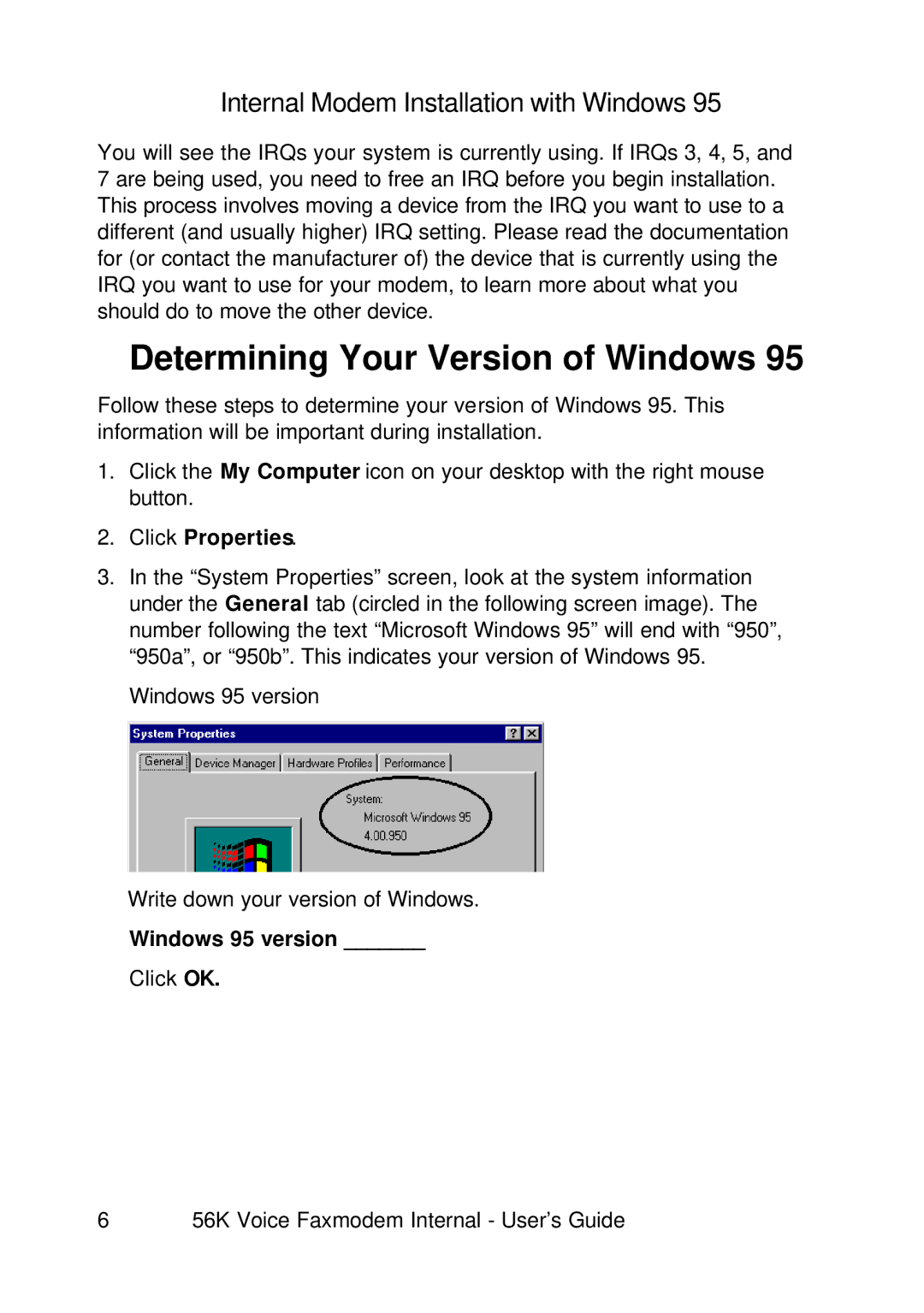 3Com 1.024.1644-00 manual Determining Your Version of Windows, Click Properties, Windows 95 version 