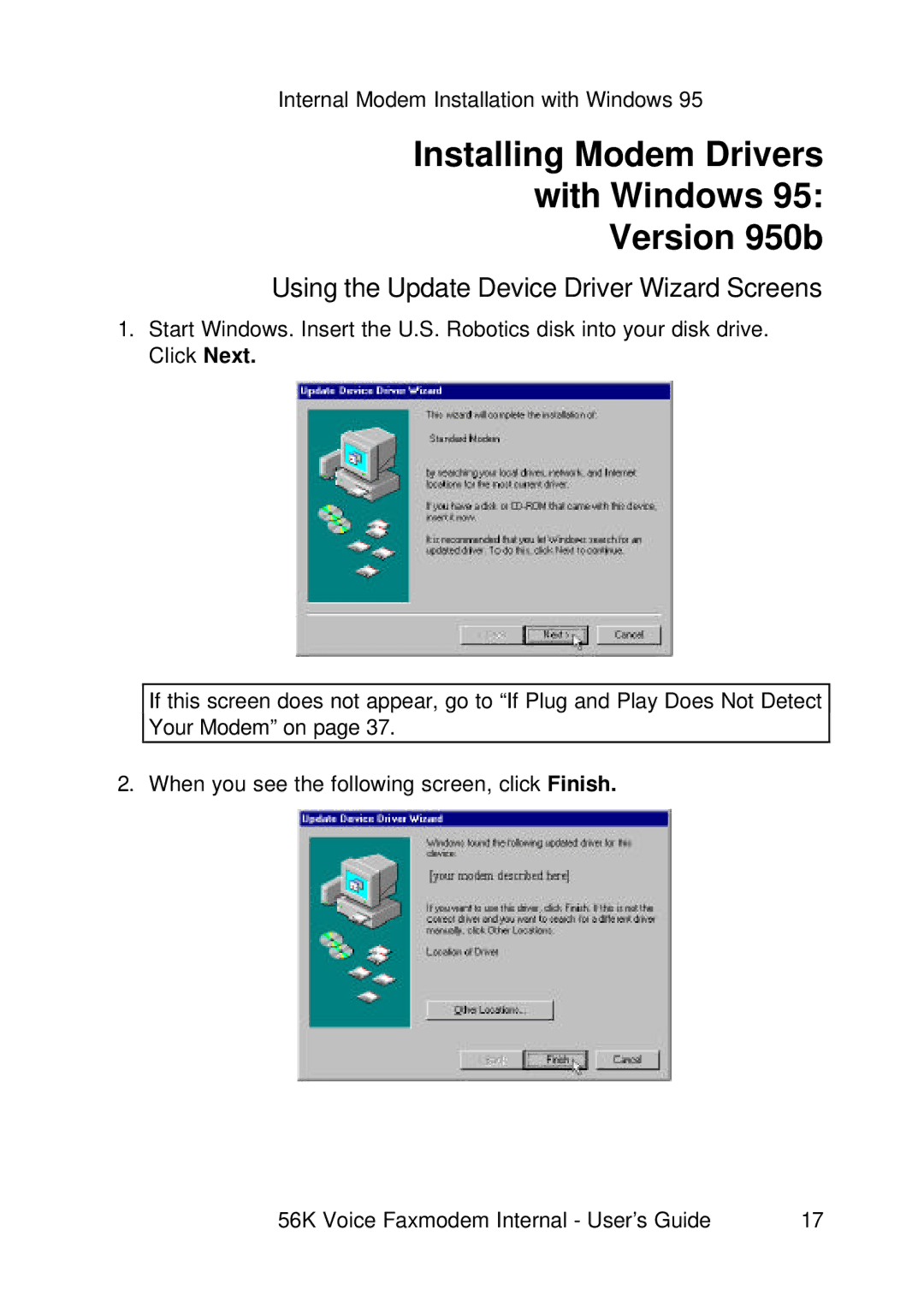 3Com 1.024.1644-00 manual Installing Modem Drivers With Windows Version 950b, Using the Update Device Driver Wizard Screens 