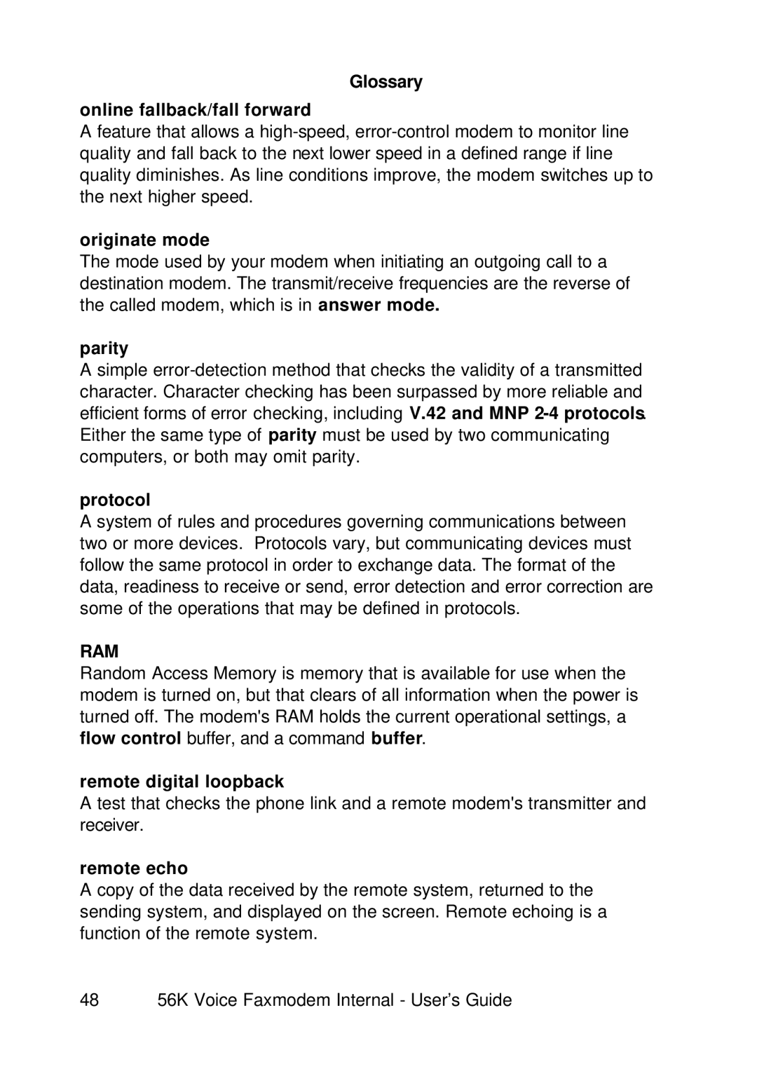 3Com 1.024.1644-00 manual Glossary Online fallback/fall forward, Originate mode, Parity, Protocol, Remote digital loopback 