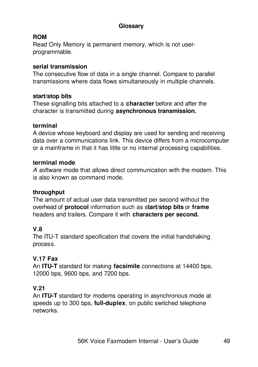 3Com 1.024.1644-00 manual Serial transmission, Start/stop bits, Terminal mode, Throughput, 17 Fax 