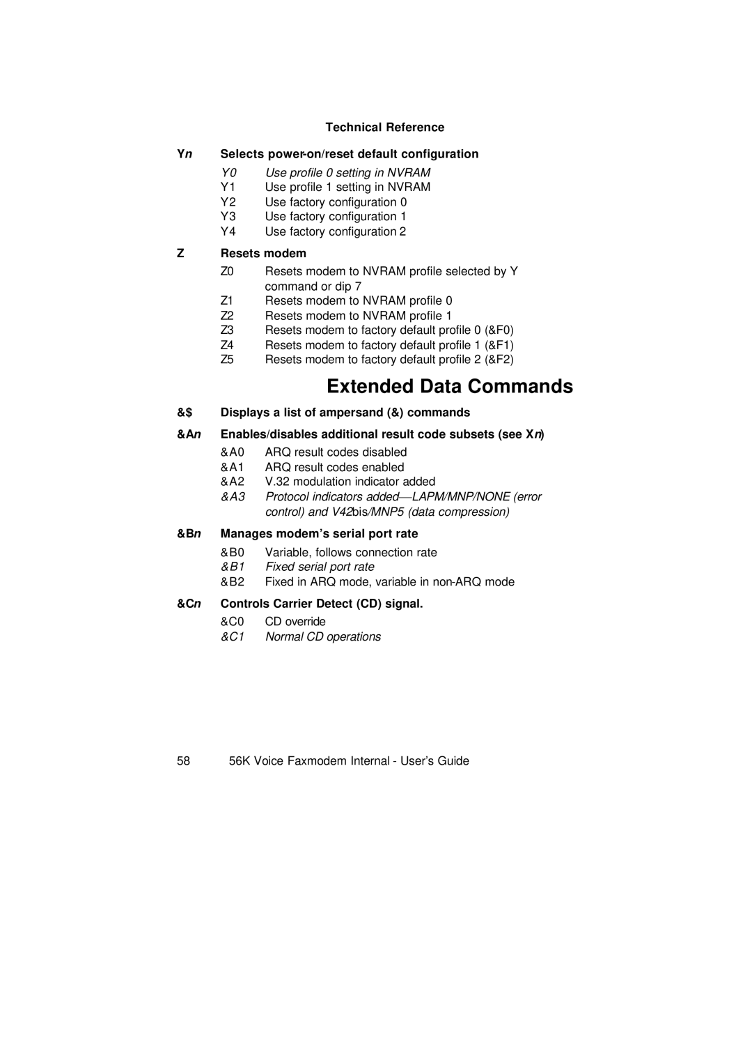 3Com 1.024.1644-00 manual Resets modem, Displays a list of ampersand & commands, Bn Manages modem’s serial port rate 