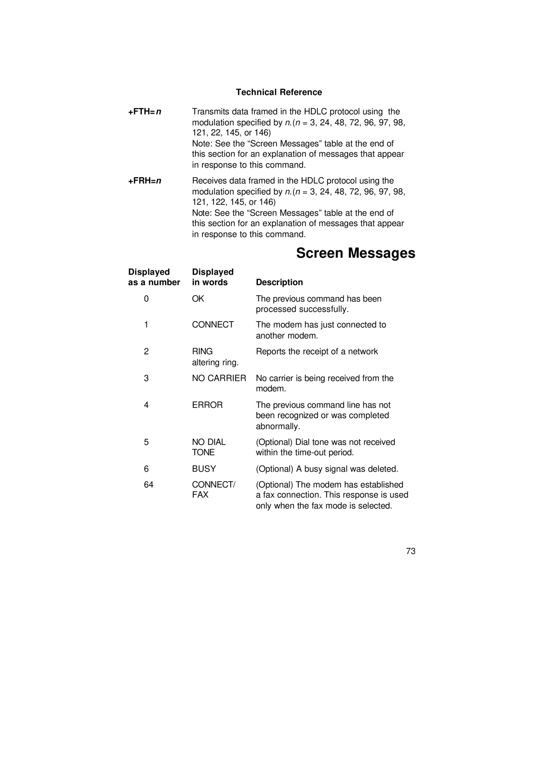 3Com 1.024.1644-00 manual +FTH=n, +FRH=n, Displayed As a number Words Description 