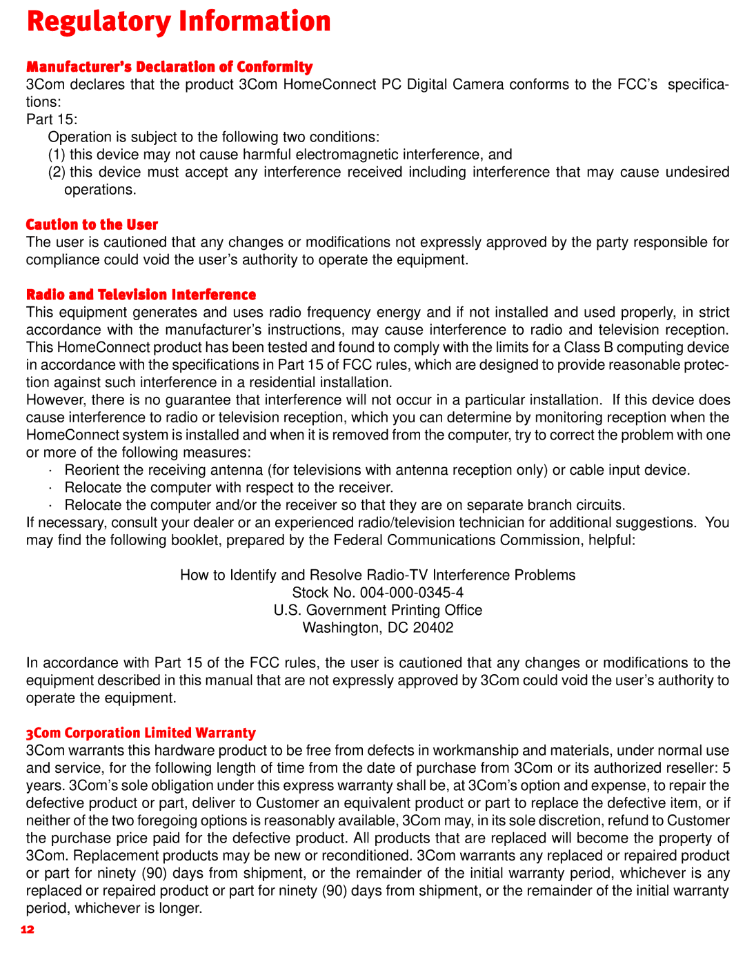 3Com 1.024.2063-00 manual Regulatory Information 