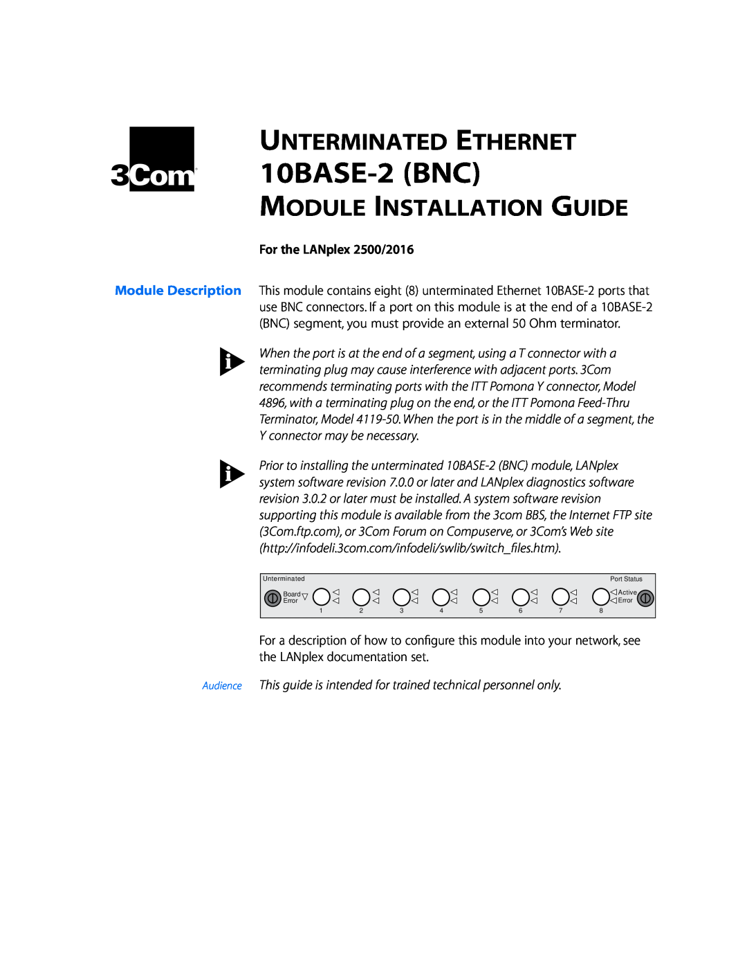 3Com manual 10BASE-2 BNC, Unterminated Ethernet, Module Installation Guide 