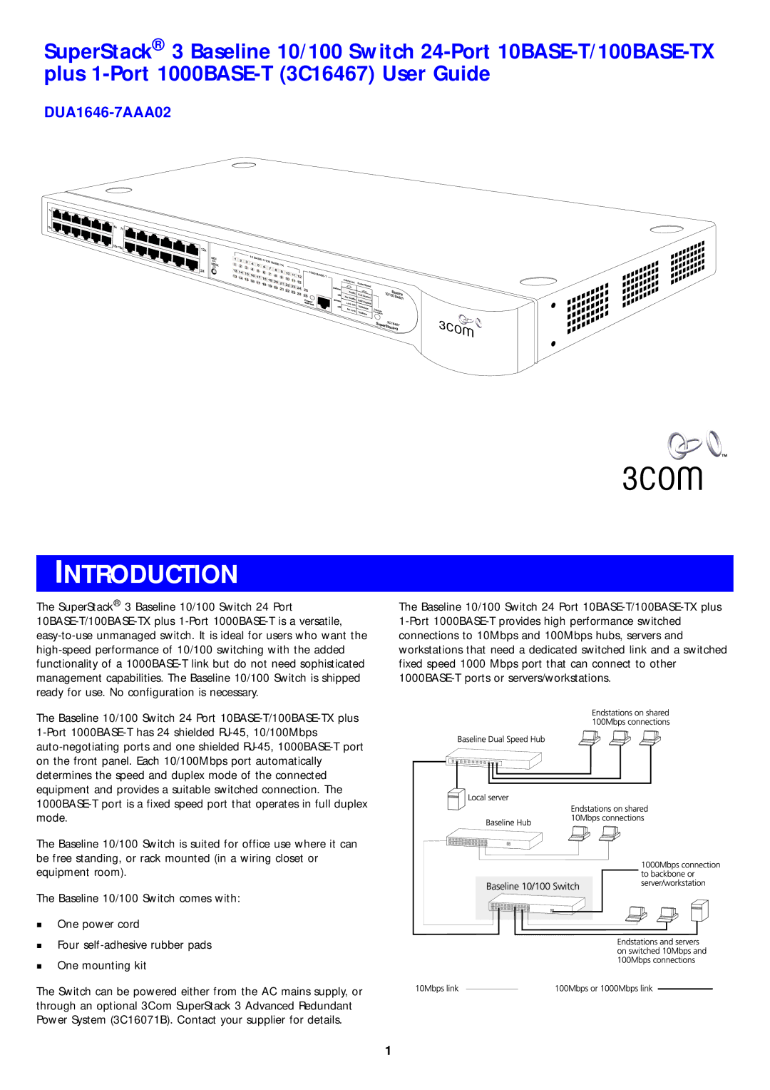 3Com 10BASE-T manual Introduction, DUA1646-7AAA02 