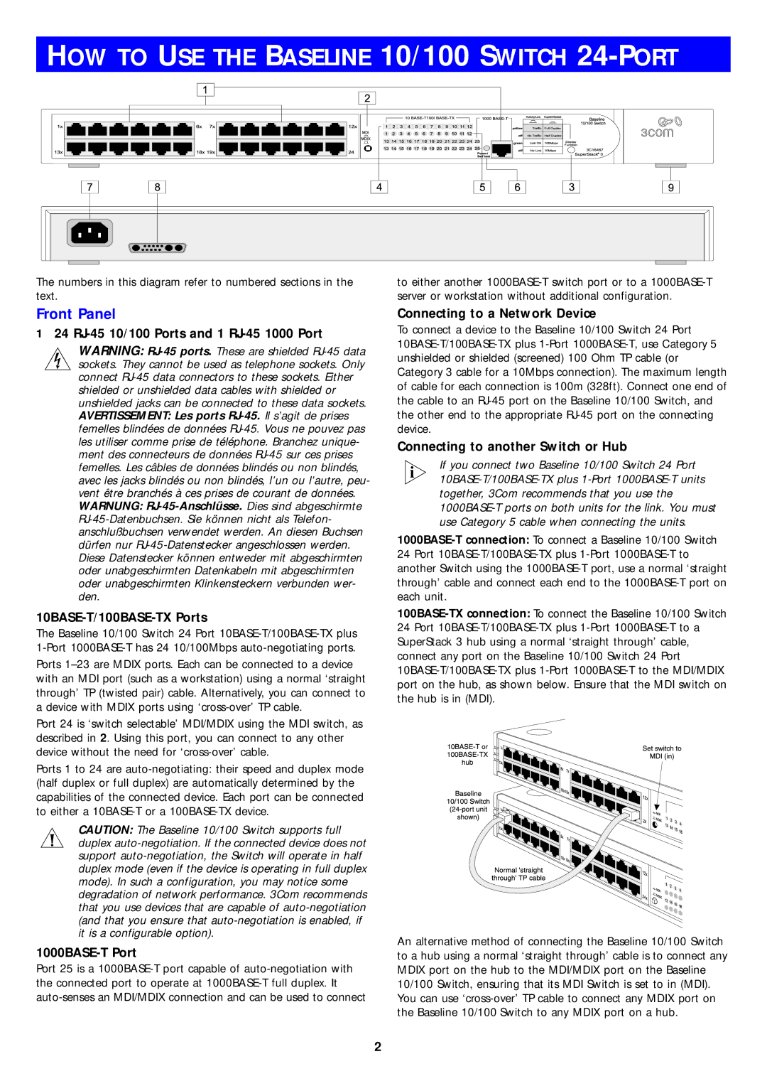 3Com 10BASE-T manual Front Panel, 1000BASE-T Port, Connecting to a Network Device, Connecting to another Switch or Hub 