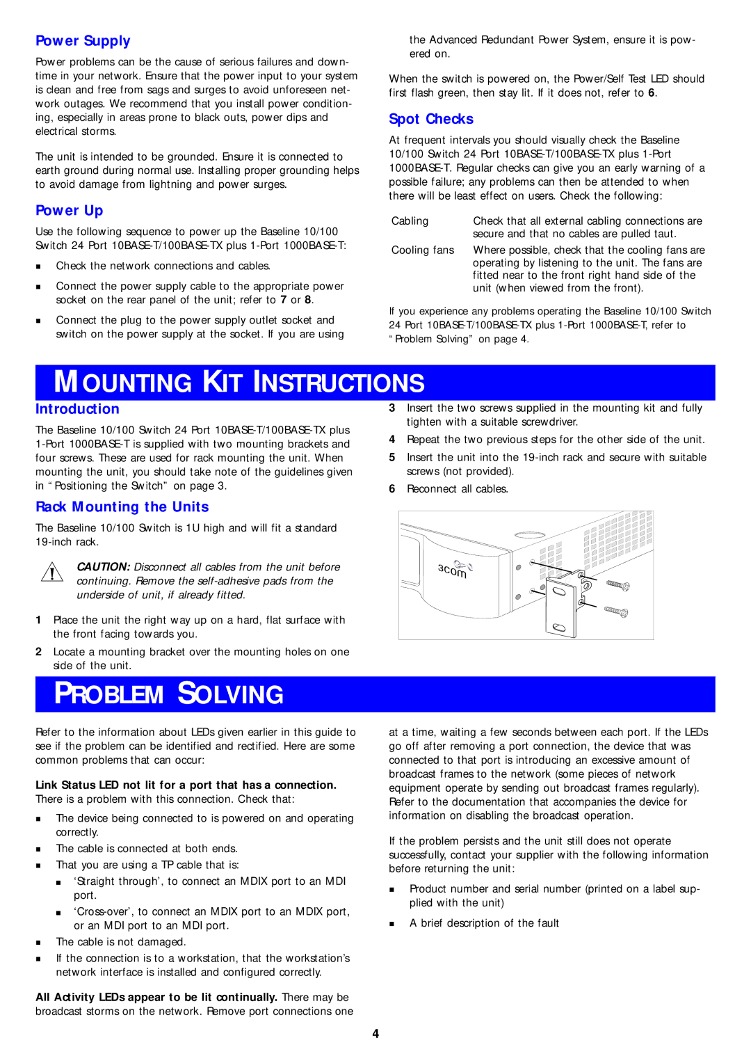 3Com 10BASE-T manual Mounting KIT Instructions, Problem Solving 