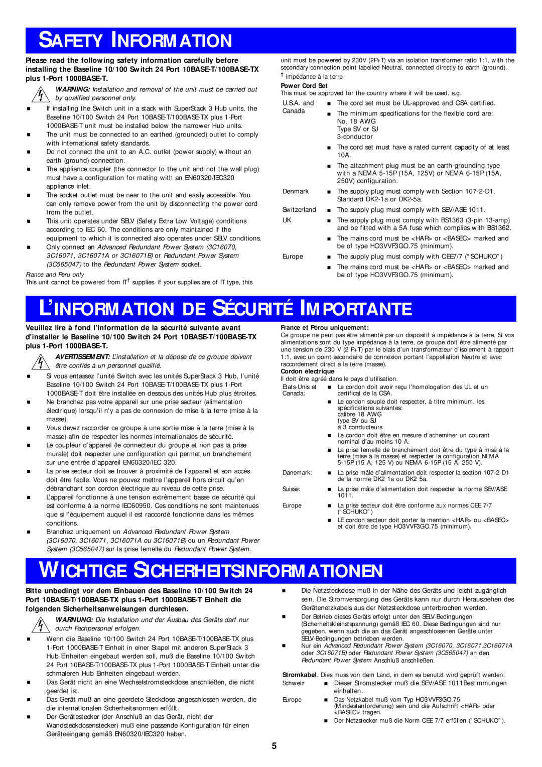 3Com 10BASE-T manual Safety Information, ’INFORMATION DE Sécurité Importante, Wichtige Sicherheitsinformationen 