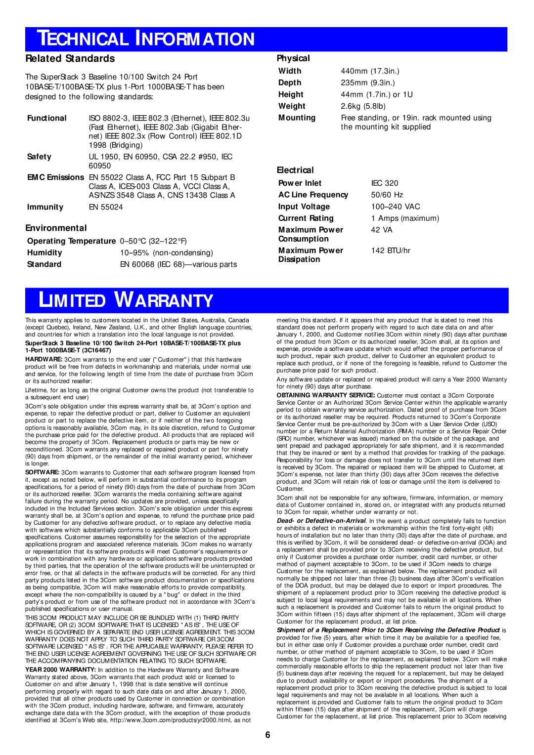 3Com 10BASE-T manual Technical Information, Limited Warranty, Related Standards 