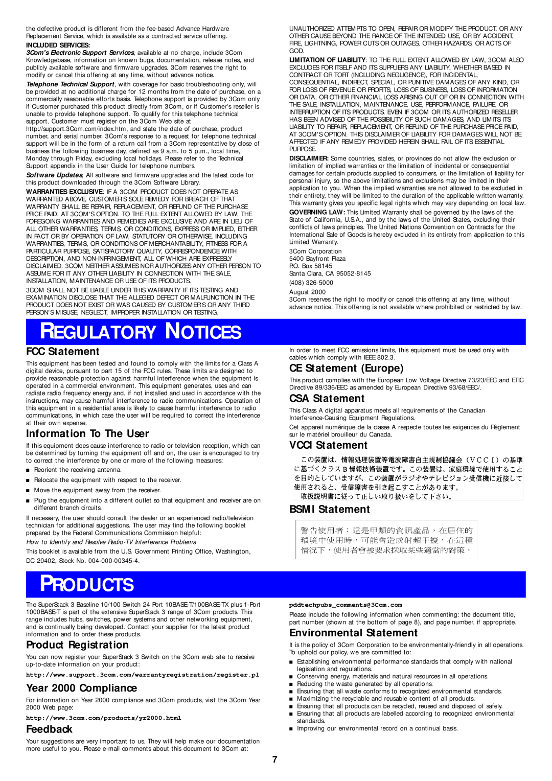 3Com 10BASE-T manual Regulatory Notices, Products 