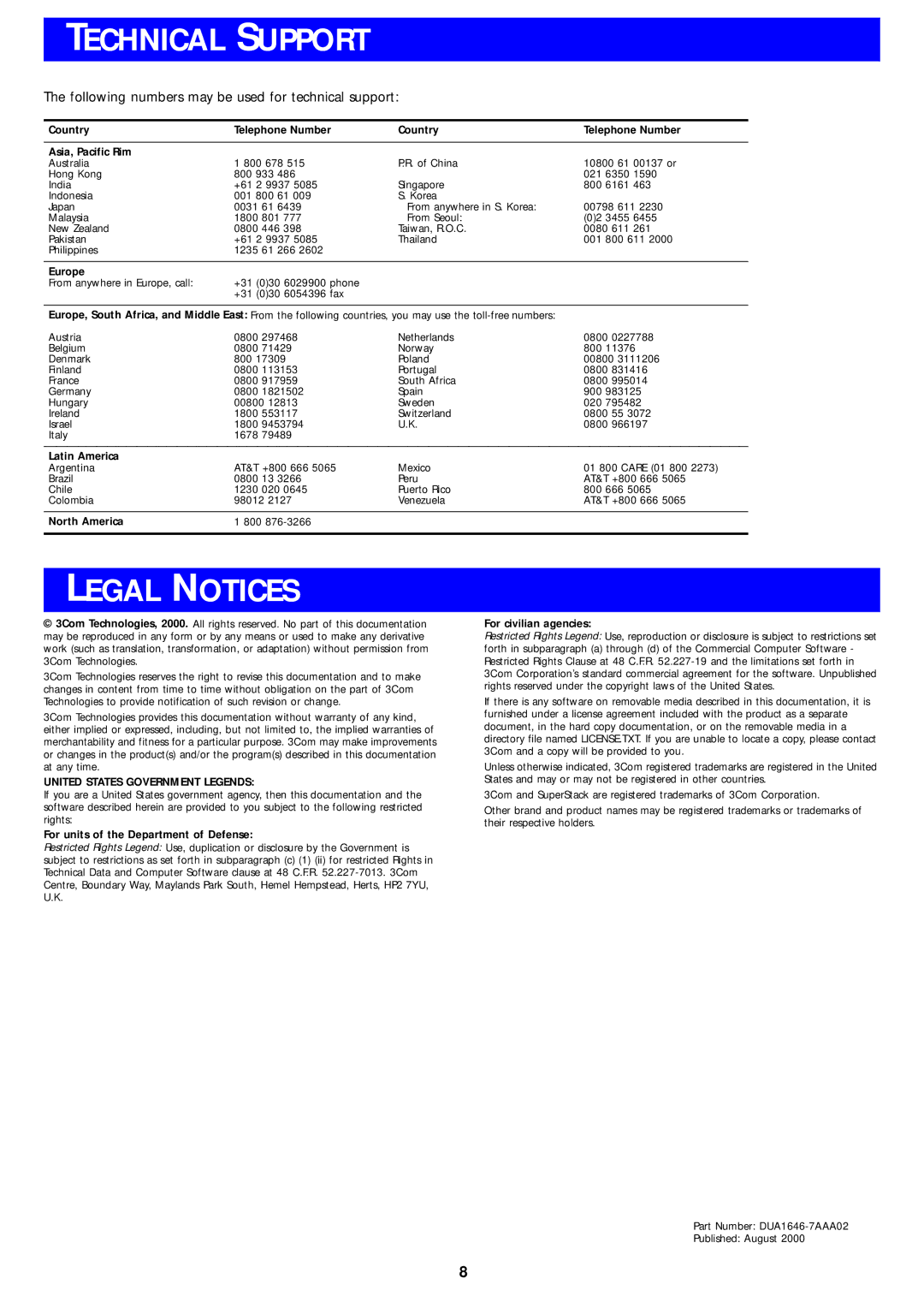 3Com 10BASE-T manual Technical Support, Legal Notices, Following numbers may be used for technical support 