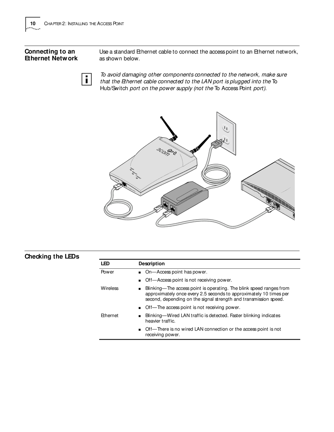 3Com 11 Mbps manual Connecting to an, Ethernet Network, Checking the LEDs, As shown below, Description 