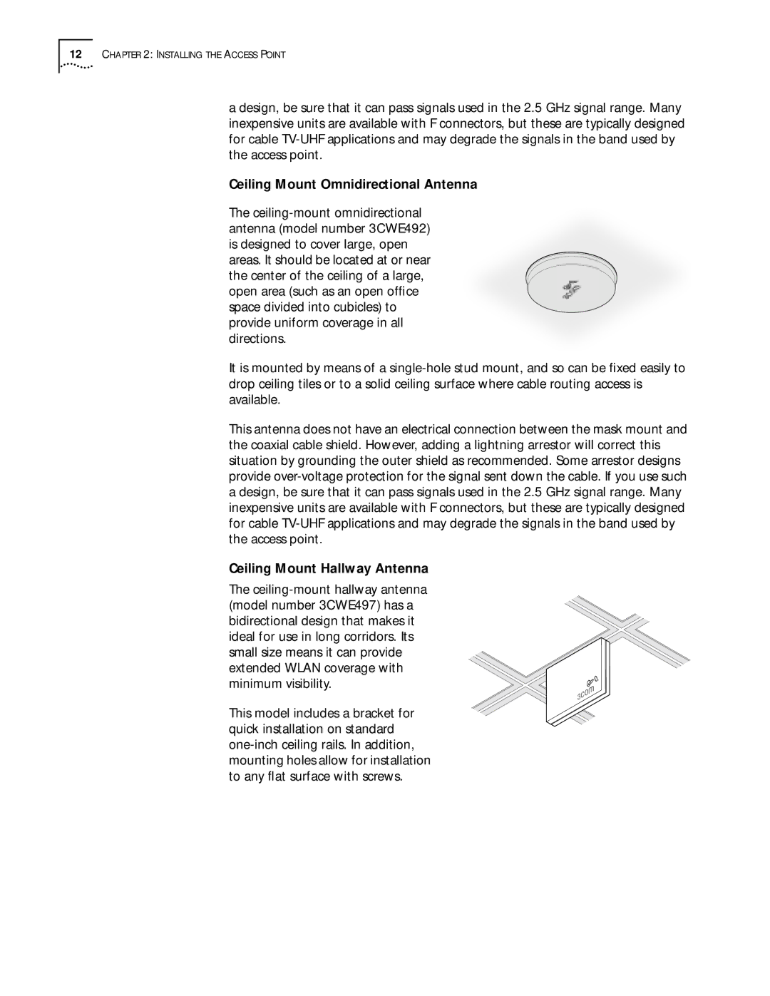 3Com 11 Mbps manual Ceiling Mount Omnidirectional Antenna, Ceiling Mount Hallway Antenna 