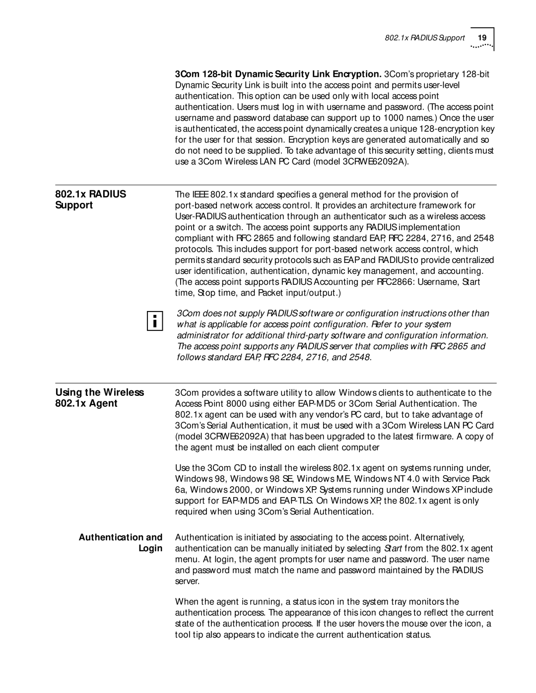 3Com 11 Mbps manual 802.1x Radius, Support, Using the Wireless, 802.1x Agent 