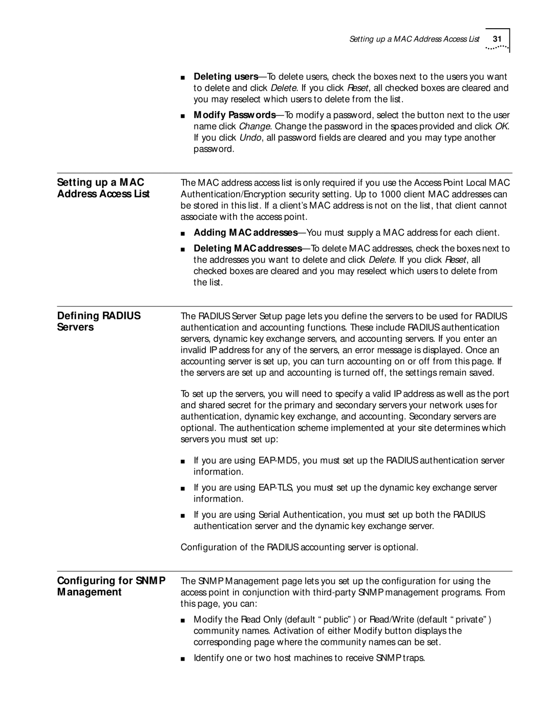 3Com 11 Mbps manual Setting up a MAC, Address Access List, Deﬁning Radius, Servers 