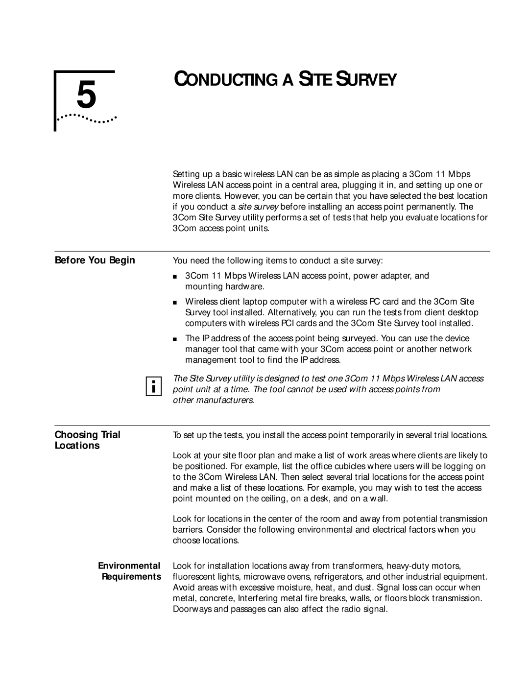 3Com 11 Mbps manual Conducting a Site Survey, Choosing Trial, Locations, Environmental, Requirements 