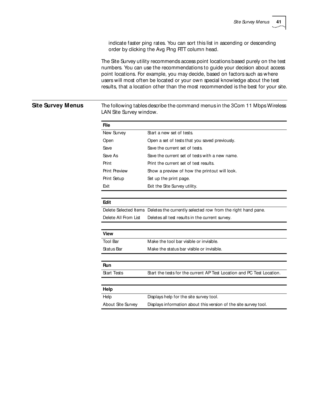 3Com 11 Mbps manual Site Survey Menus, LAN Site Survey window 