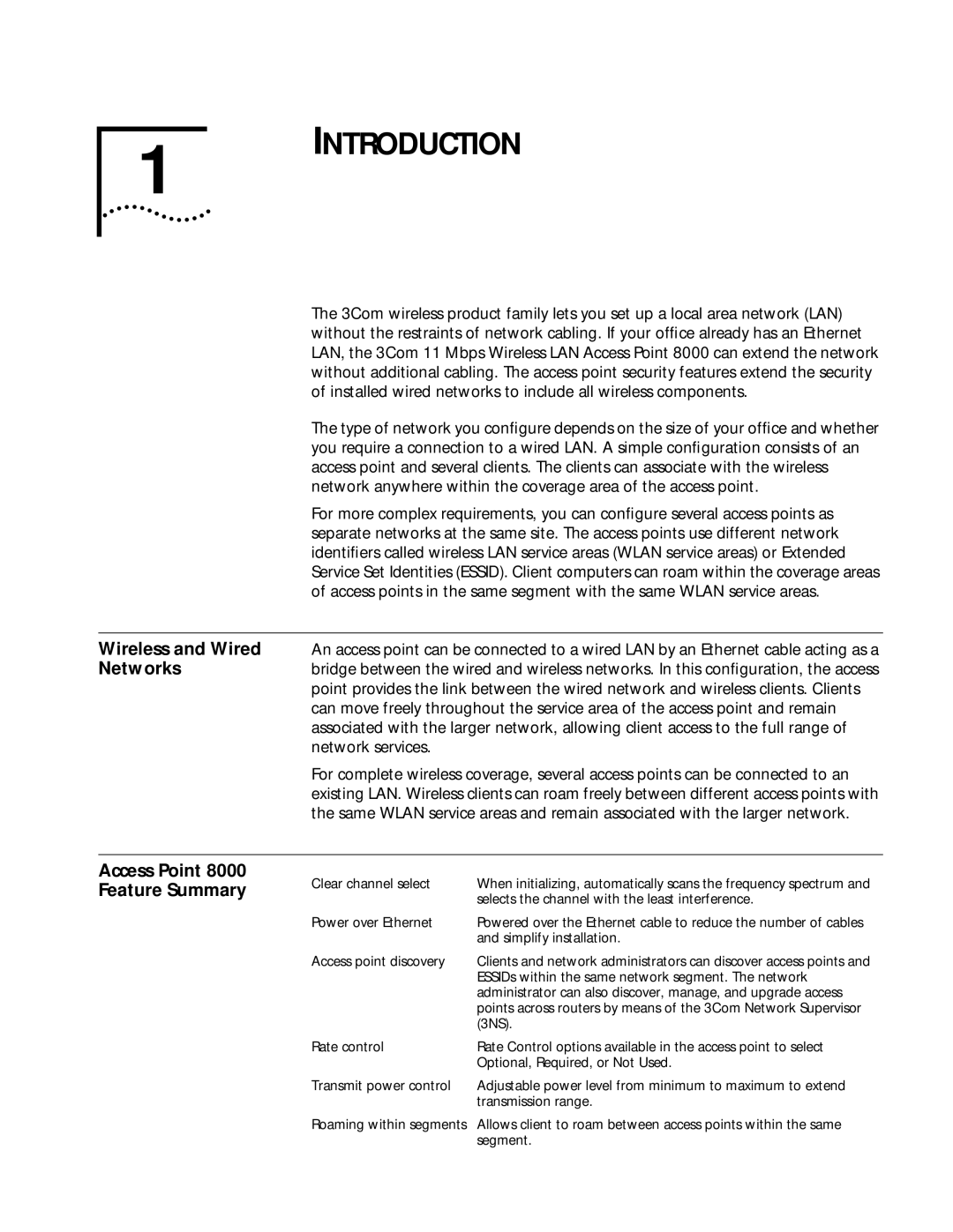 3Com 11 Mbps manual Introduction, Access Point 8000 Feature Summary 