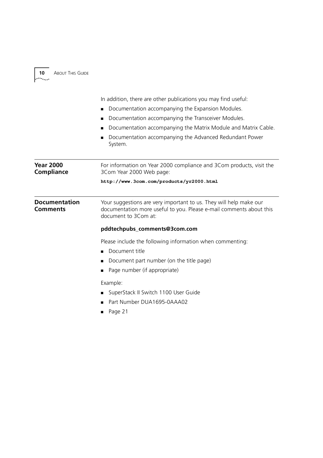 3Com 1100 manual Year, Compliance, Comments, Pddtechpubscomments@3com.com 