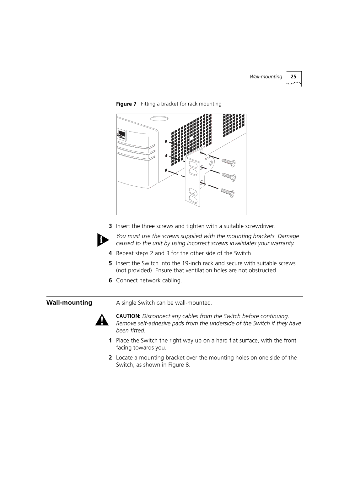 3Com 1100 manual Wall-mounting, Repeat steps 2 and 3 for the other side of the Switch 