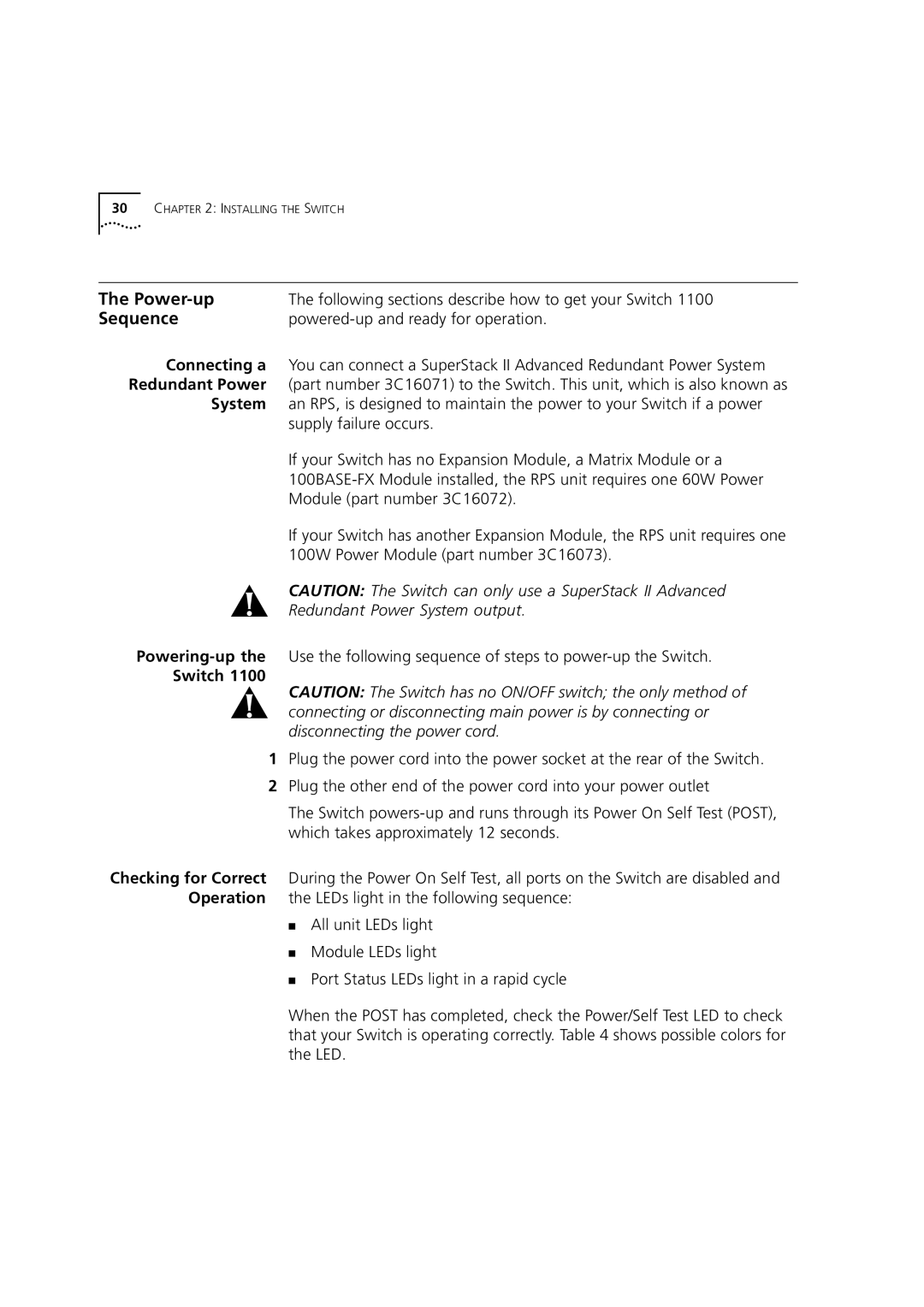 3Com 1100 manual Power-up, Sequence, Powered-up and ready for operation, Switch 