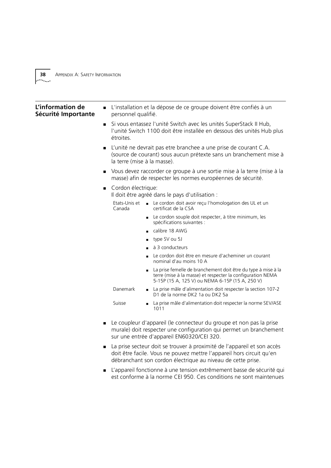 3Com 1100 manual ’information de, Sécurité Importante 