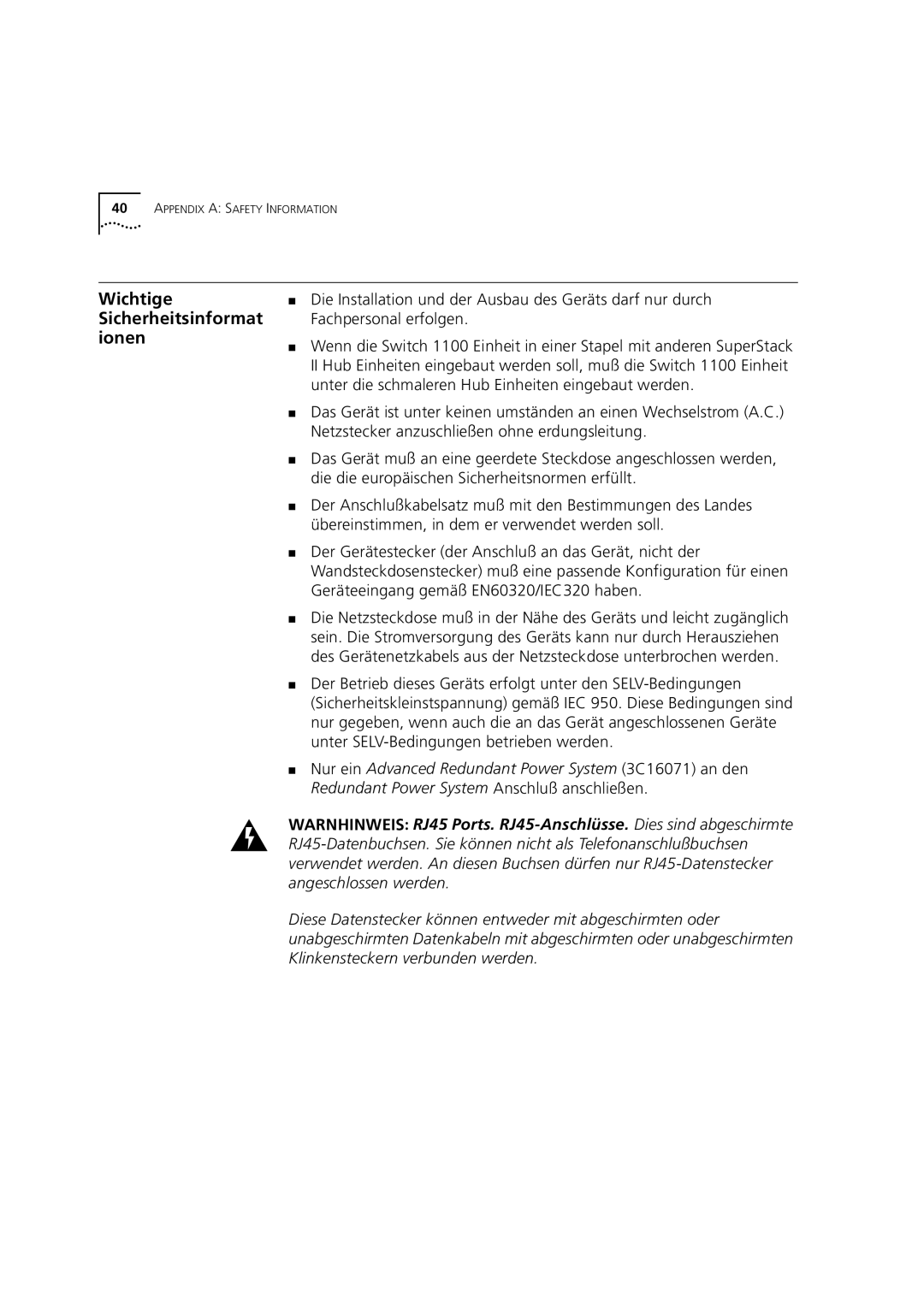 3Com 1100 manual Wichtige Sicherheitsinformat ionen 