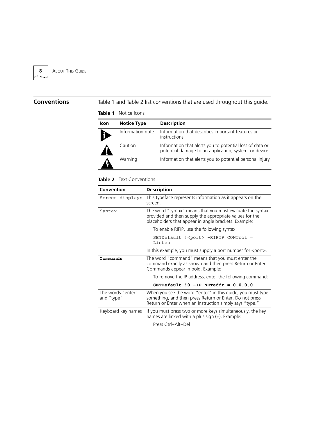 3Com 1100 manual Conventions, Icon Description, Convention Description 