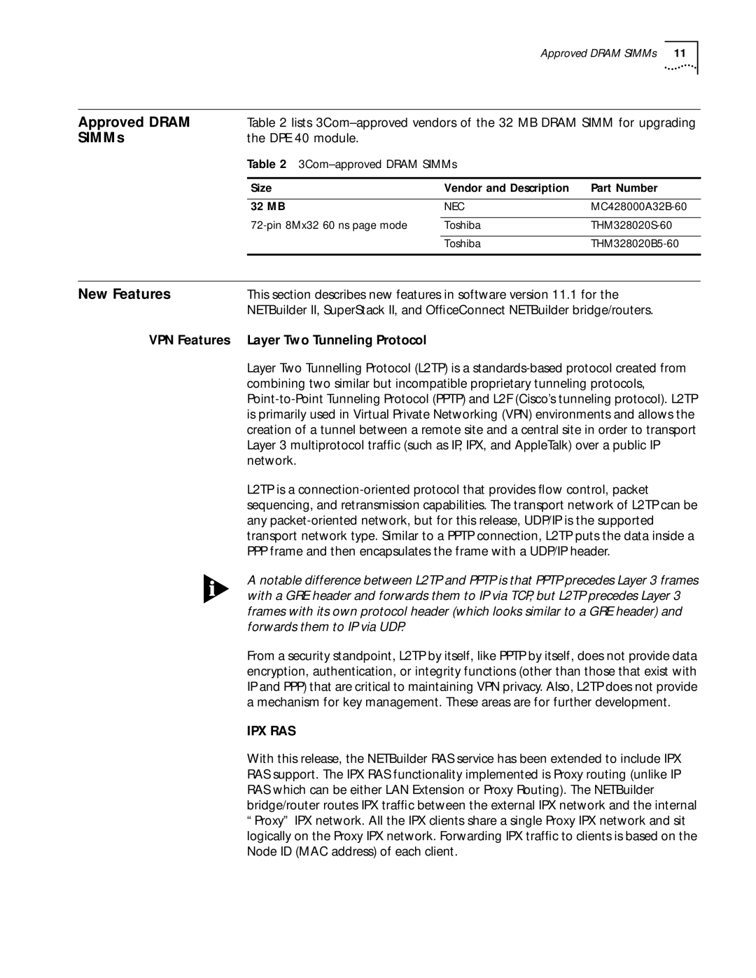 3Com 11.1 manual Approved Dram, SIMMs, New Features, DPE 40 module, VPN Features Layer Two Tunneling Protocol 
