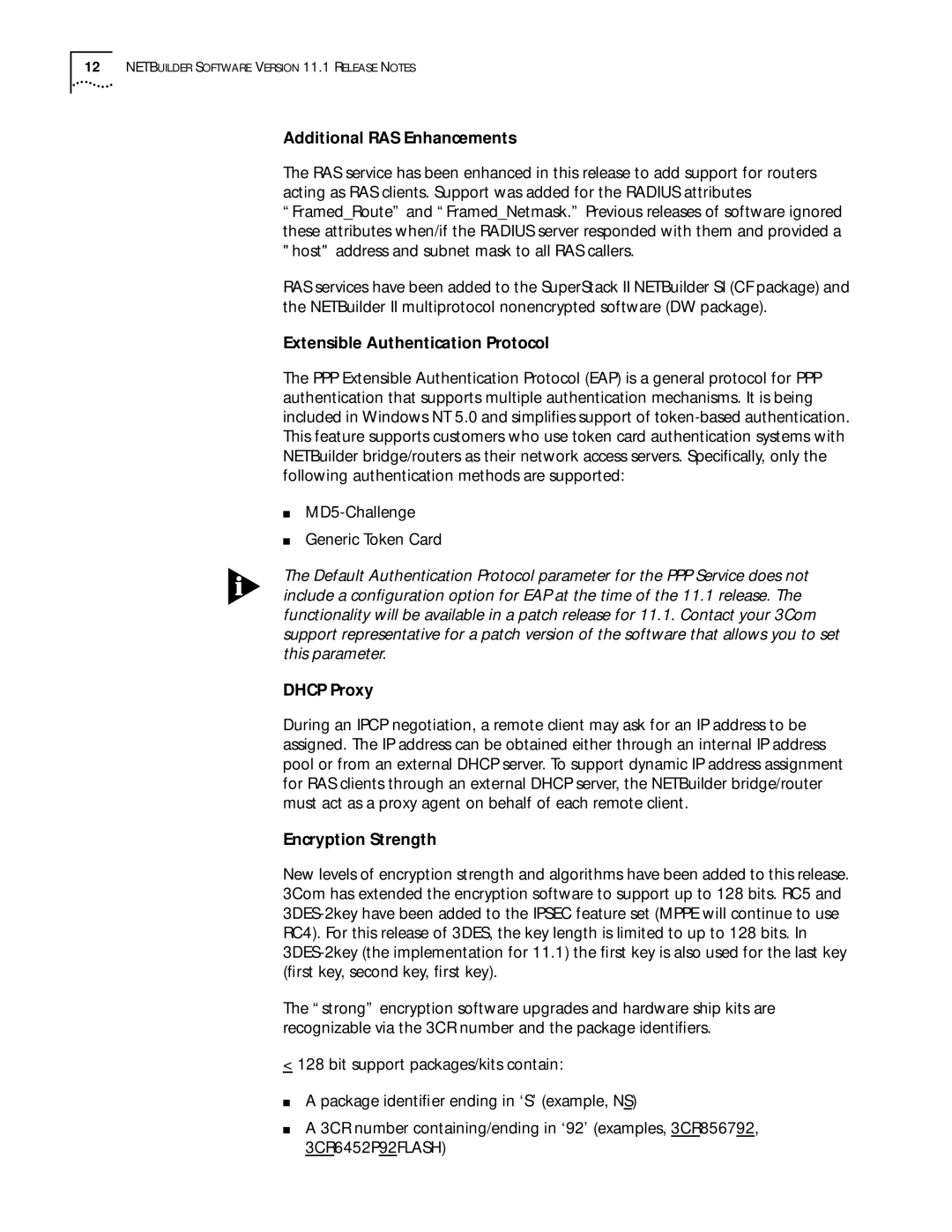 3Com 11.1 manual Additional RAS Enhancements, Extensible Authentication Protocol, Dhcp Proxy, Encryption Strength 