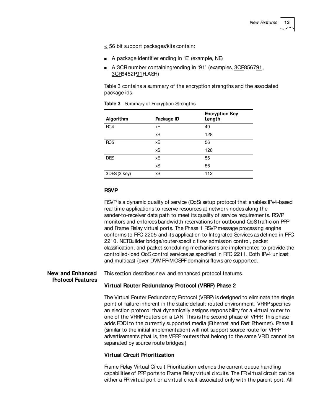 3Com 11.1 Virtual Circuit Prioritization, Summary of Encryption Strengths, Encryption Key, Algorithm Package ID Length 