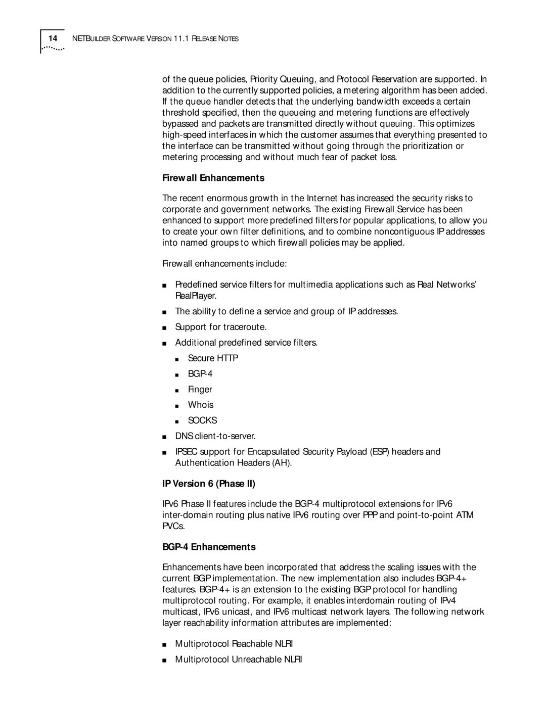 3Com 11.1 manual Firewall Enhancements, IP Version 6 Phase, BGP-4 Enhancements 