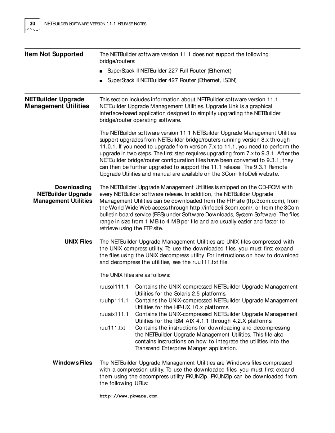 3Com manual Utilities for the Solaris 2.5 platforms, Ruuhp111.1, Utilities for the HP-UX 10.x platforms, Ruuaix111.1 