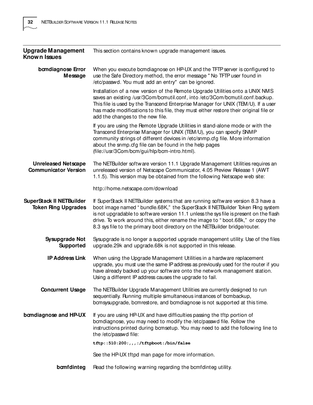 3Com 11.1 manual Known Issues, Etc/passwd. You must add an entry can be ignored 