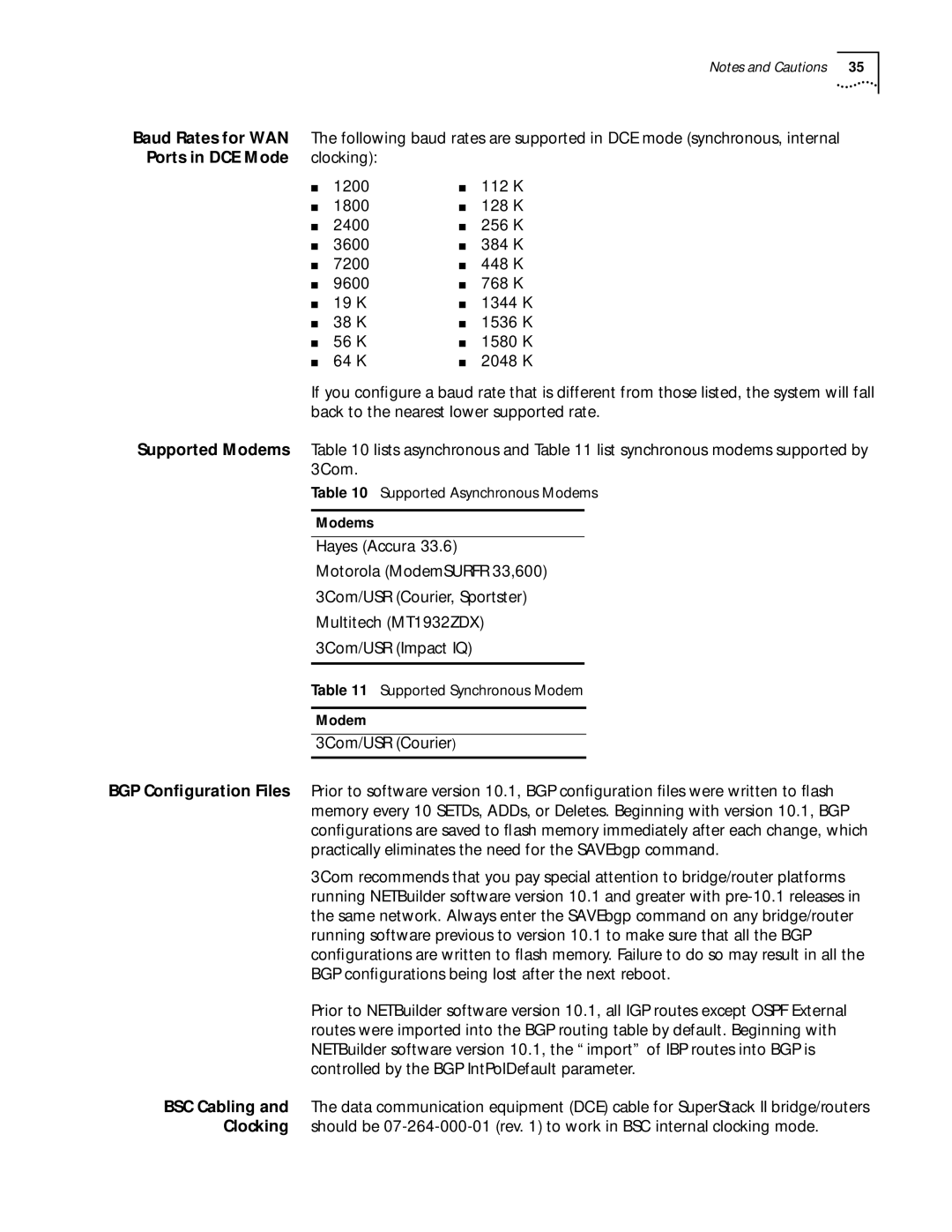 3Com 11.1 manual Ports in DCE Mode, Supported Asynchronous Modems, Supported Synchronous Modem 