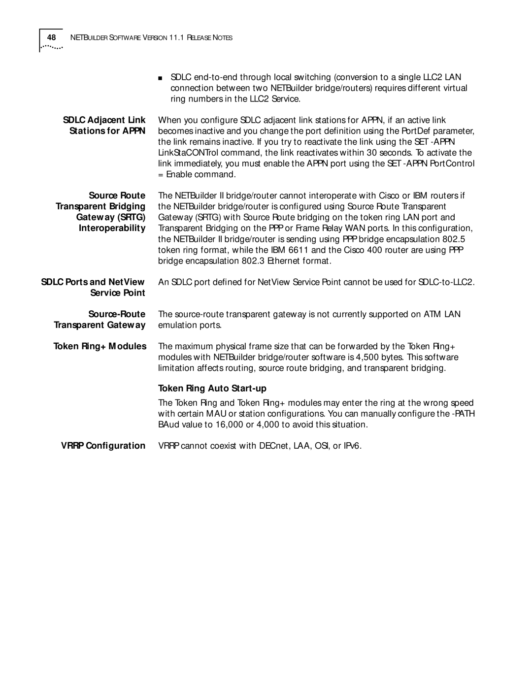 3Com 11.1 manual Sdlc Adjacent Link, Stations for Appn, Source Route, Transparent Bridging, Gateway Srtg, Interoperability 