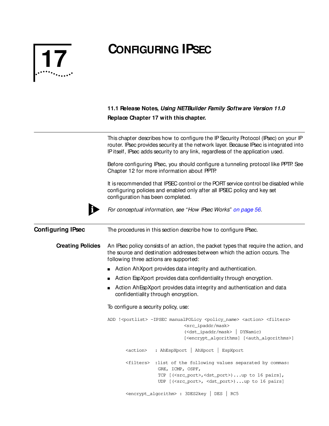 3Com 11.1 manual Configuring Ipsec, Conﬁguring IPsec, Replace with this chapter 