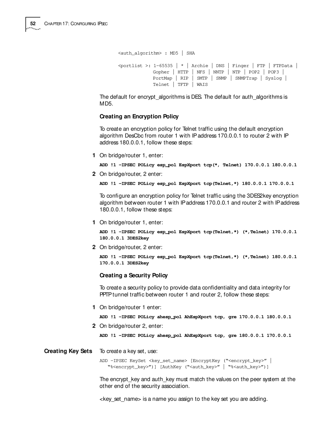 3Com 11.1 Creating an Encryption Policy, On bridge/router, 2 enter, Creating a Security Policy, On bridge/router 2, enter 